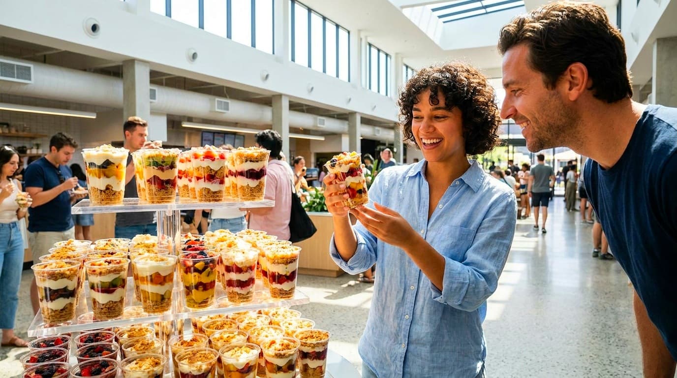 A warm, golden self-serve dessert display where every parfait and cake is sealed in its own lidded grab-and-go cup