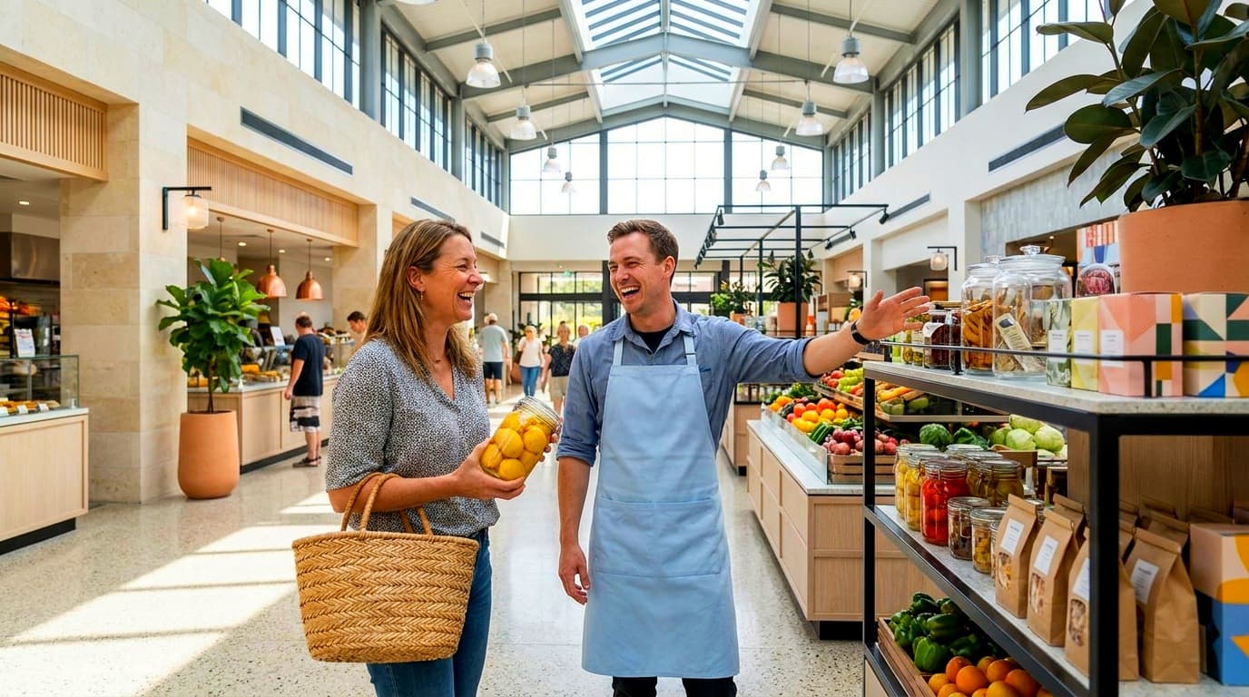 A guest with a basket in a premium checkout-free market of sealed jars, tins, and packaged artisan goods in golden-hour light