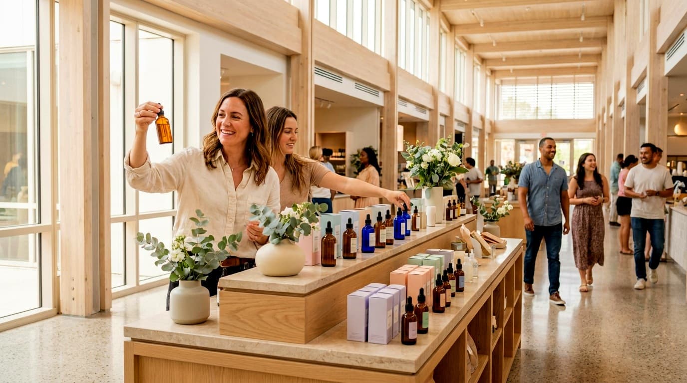 A smiling guest reaching for boxed and bottled skincare in a warm, checkout-free wellness boutique
