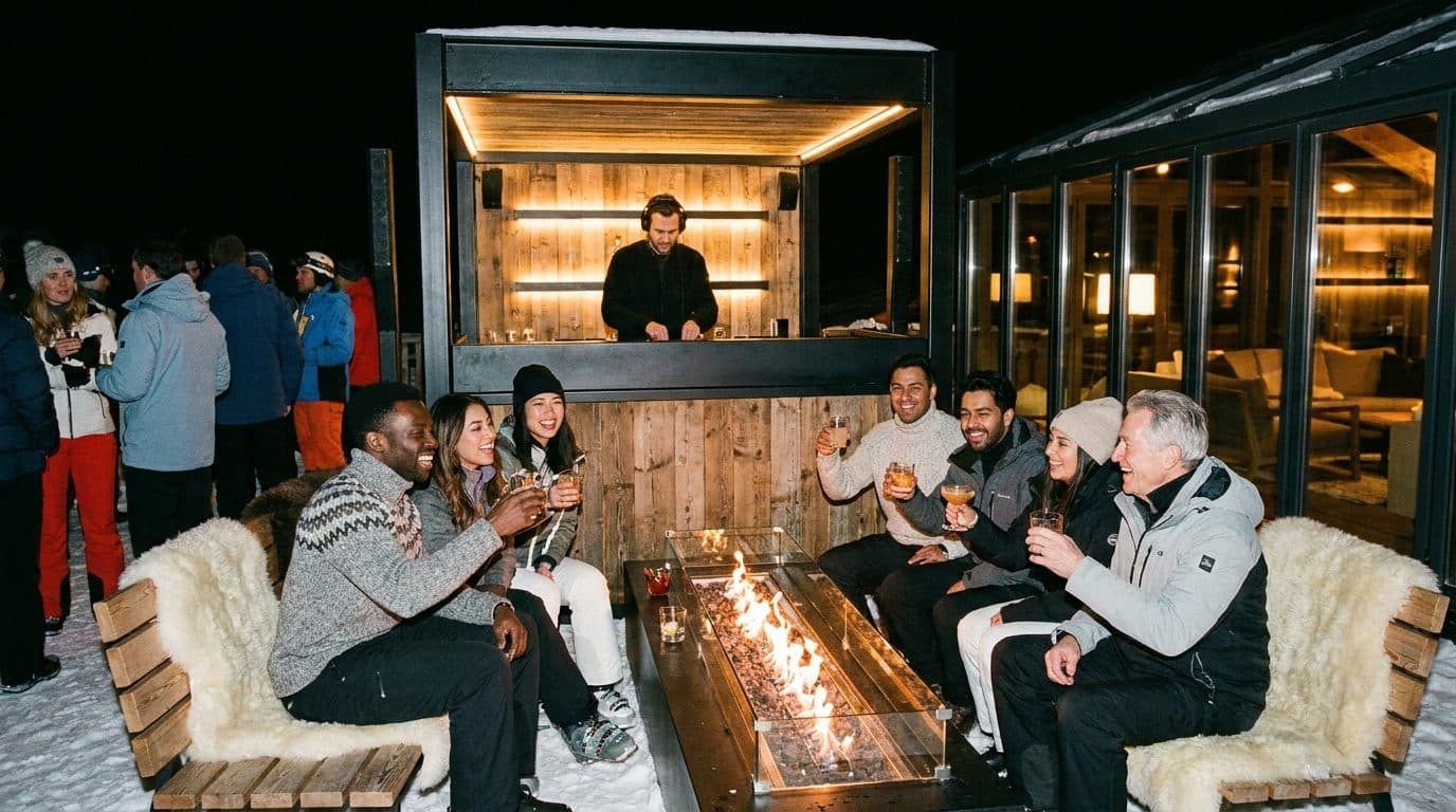 An evening après party on snow, guests around a long fire trough with drinks, a DJ working a booth built into a timber bar behind.