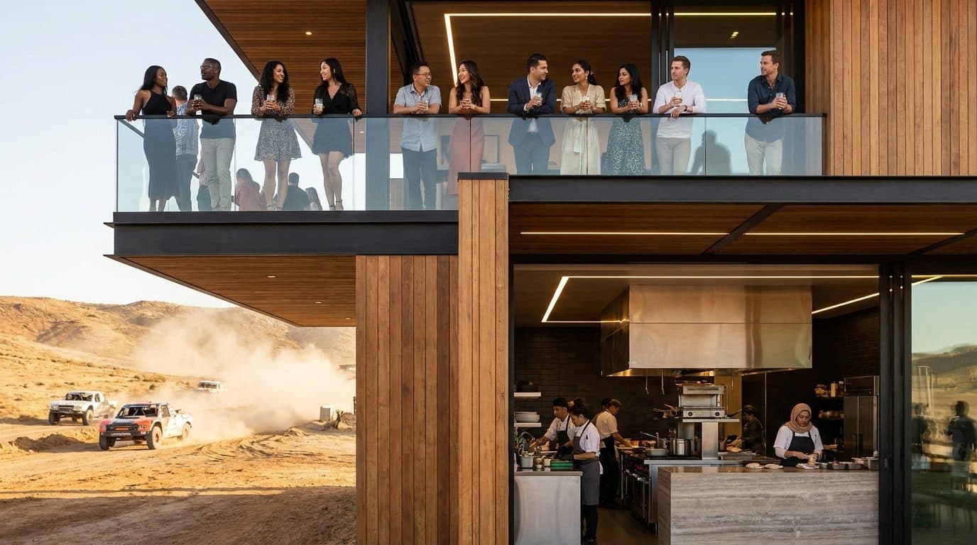 A timber-clad two-level build at a desert off-road race, the kitchen open on the lower level and guests on a cantilevered upper deck watching trucks throw dust.