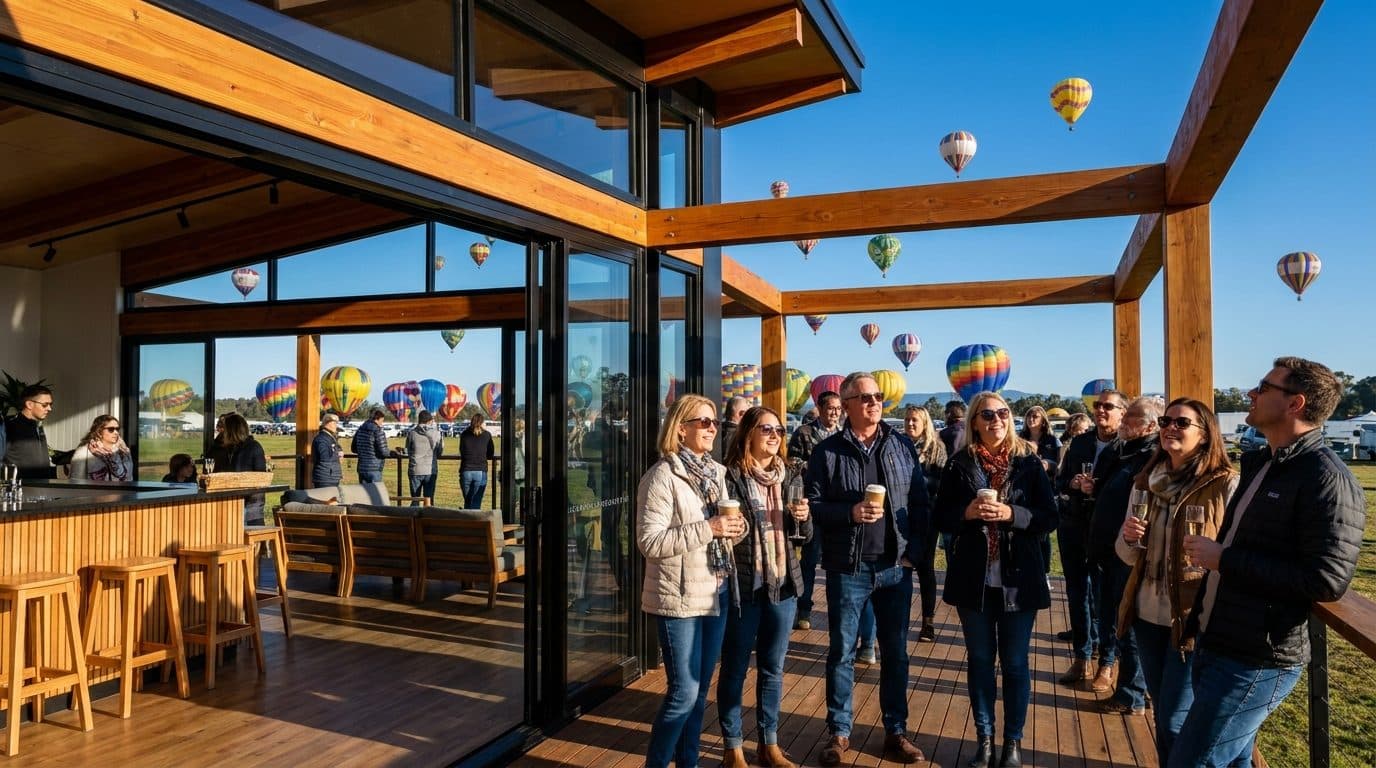 Guests with drinks on a timber and glass deck watching dozens of hot air balloons inflate and rise under a clear blue sky.