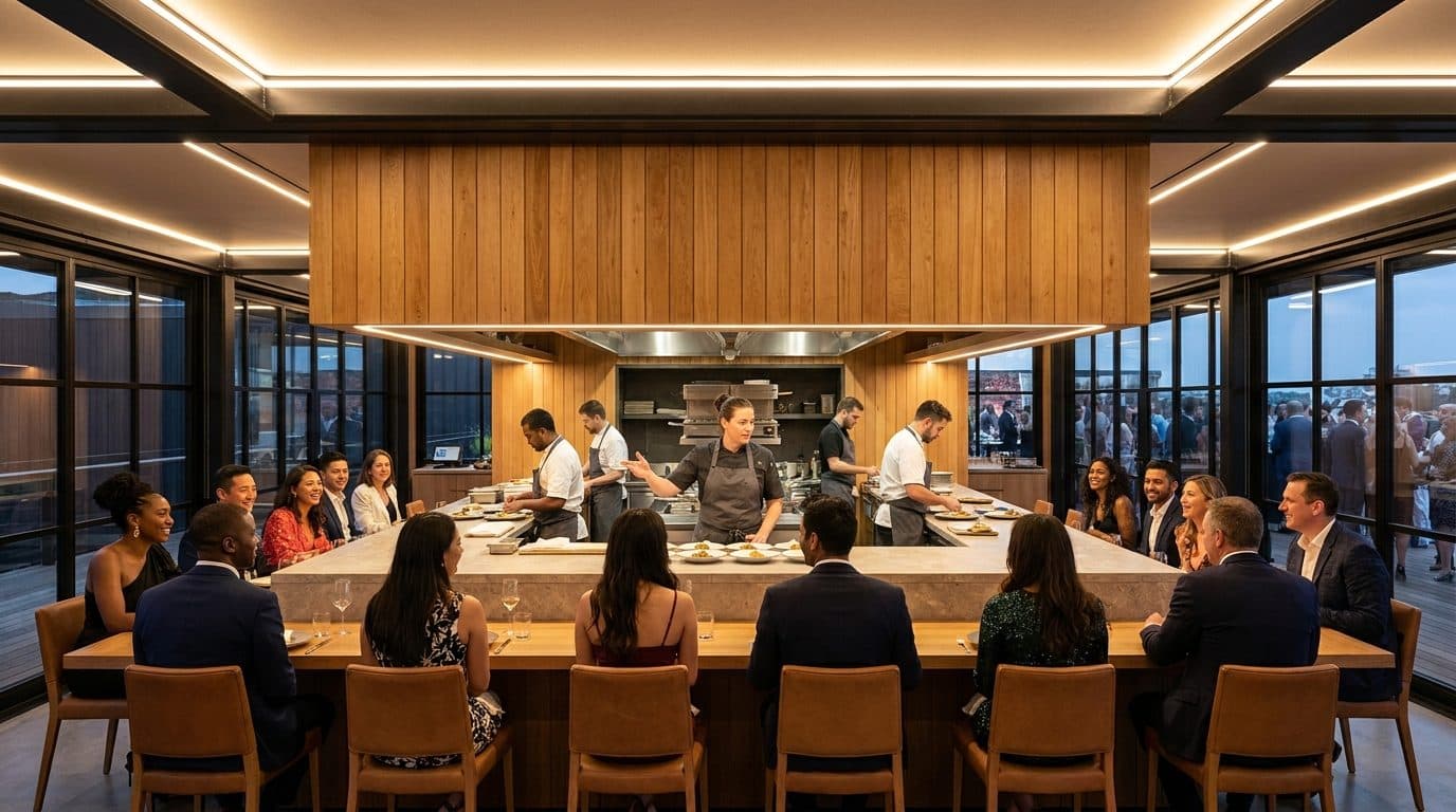 Guests seated around a long stone chef table facing an open kitchen pass under a timber-clad hood, a head chef addressing the table while the brigade plates behind her.