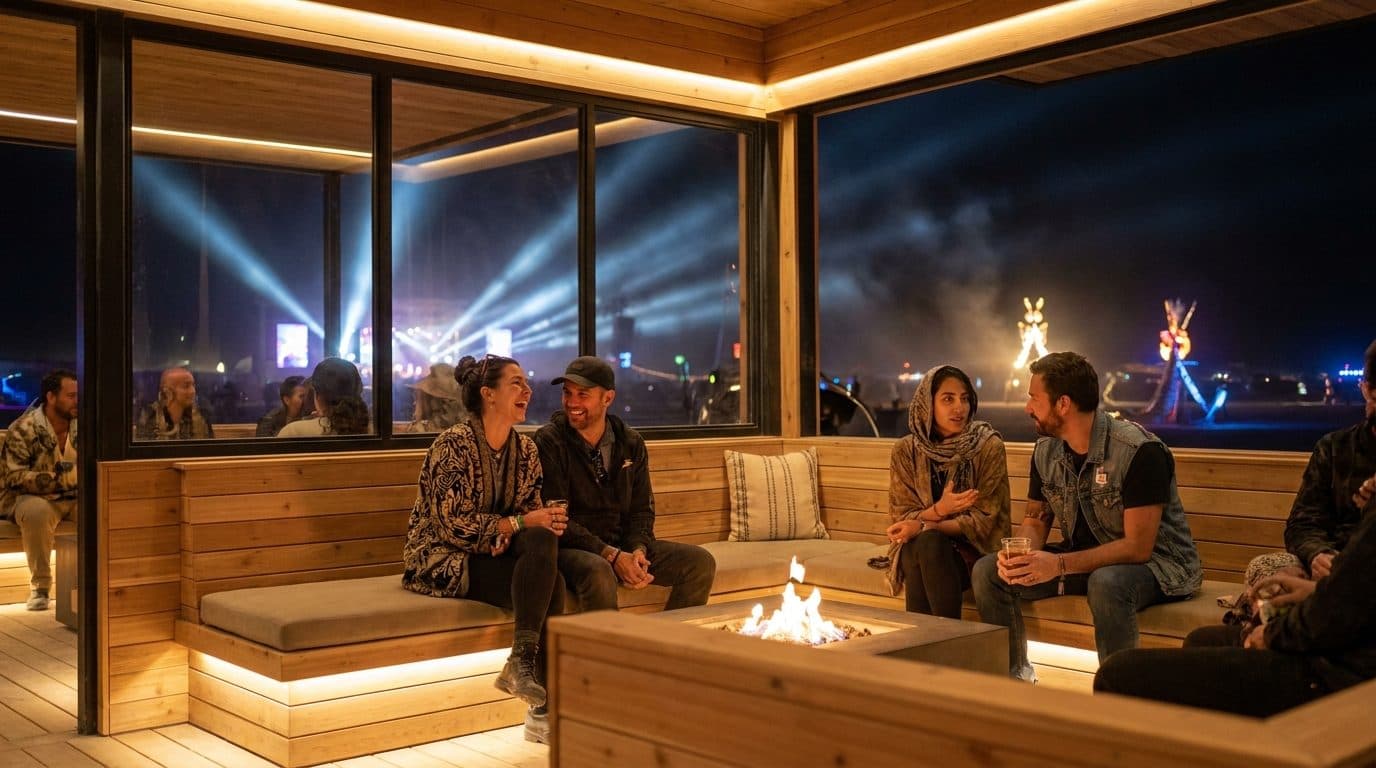 A private zone after dark at a desert arts festival, guests around a fire in a warmly lit timber and steel build, lit installations on the horizon.