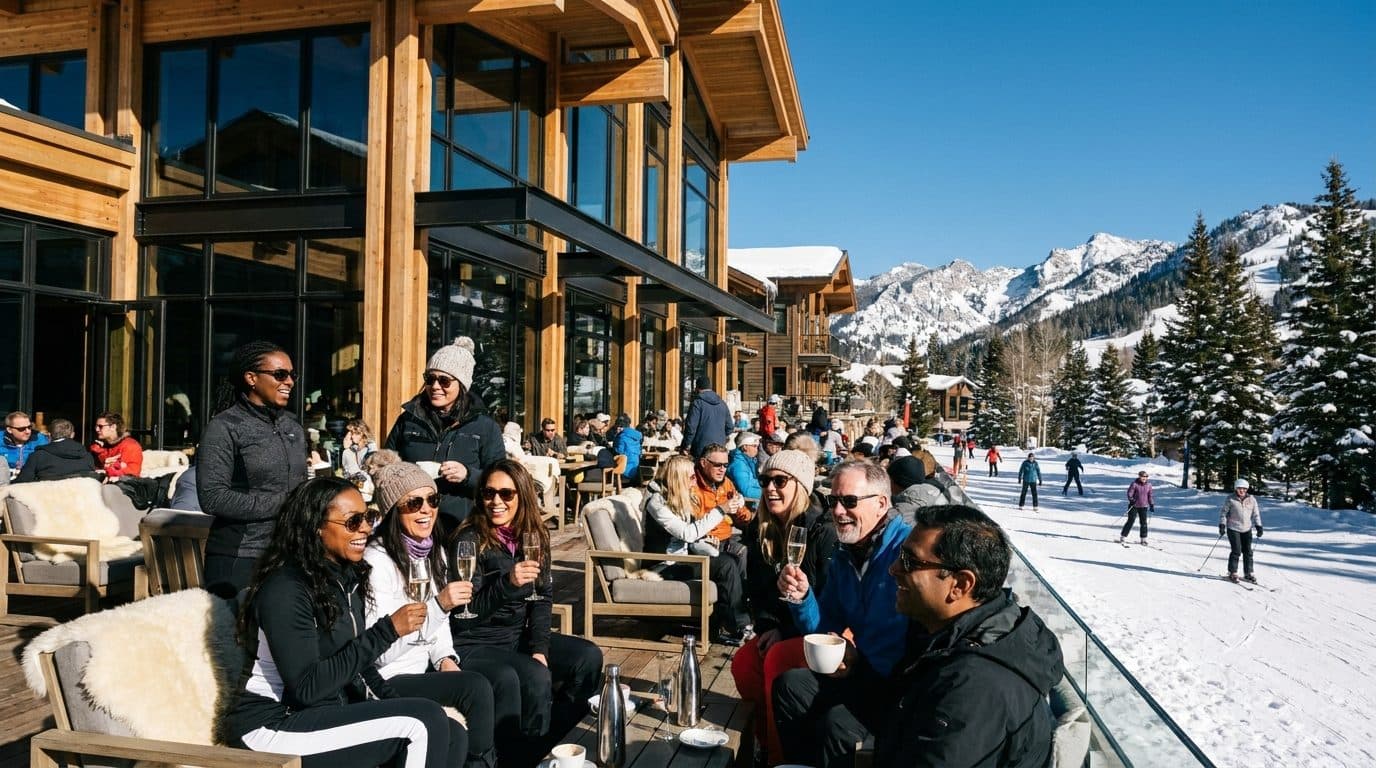A packed sun deck at a mountain village base area on a bright bluebird day, guests in ski gear with drinks, skiers passing below.