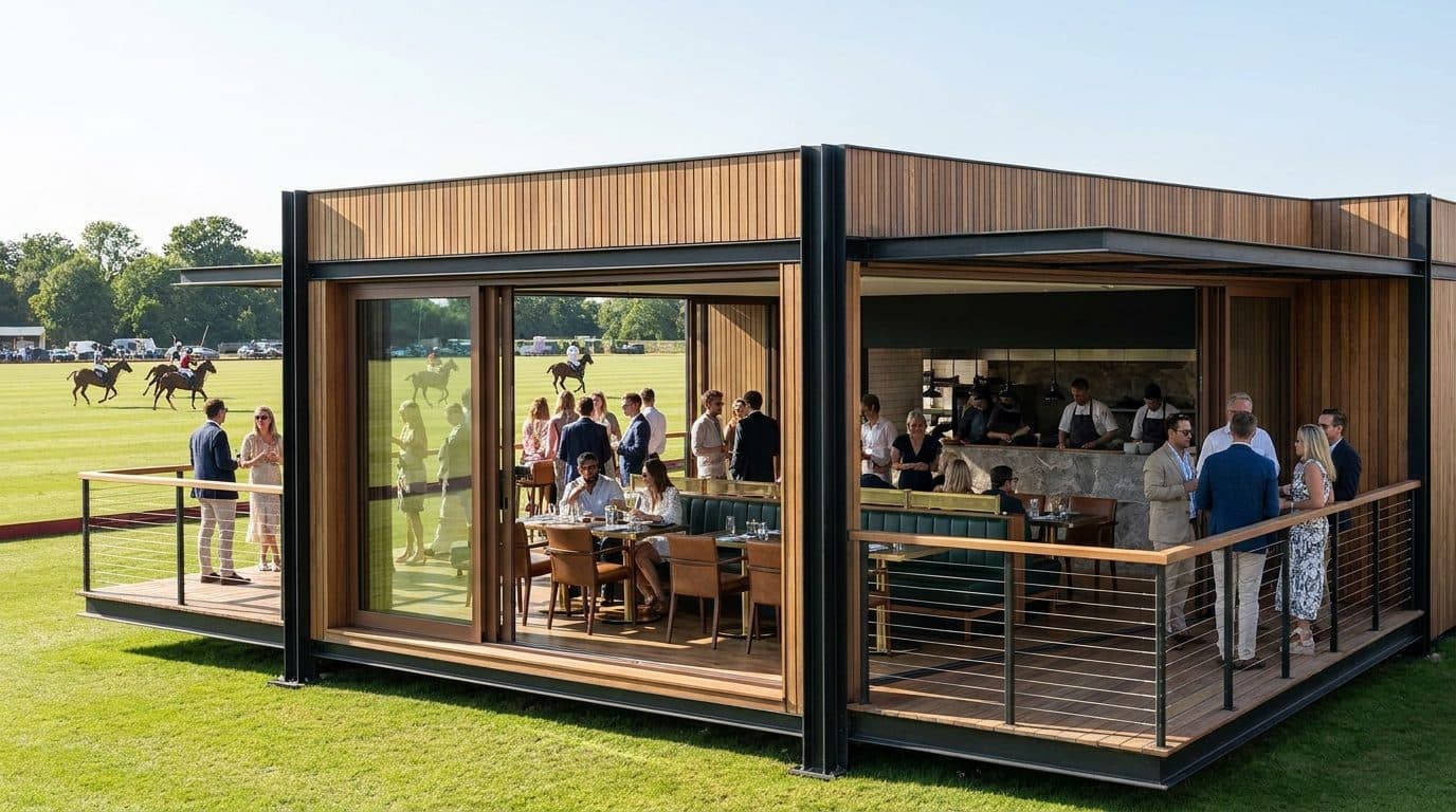 A timber-clad pavilion with full-height glazing at the edge of a polo field, guests at tables inside and on the deck with a chukka in play behind.