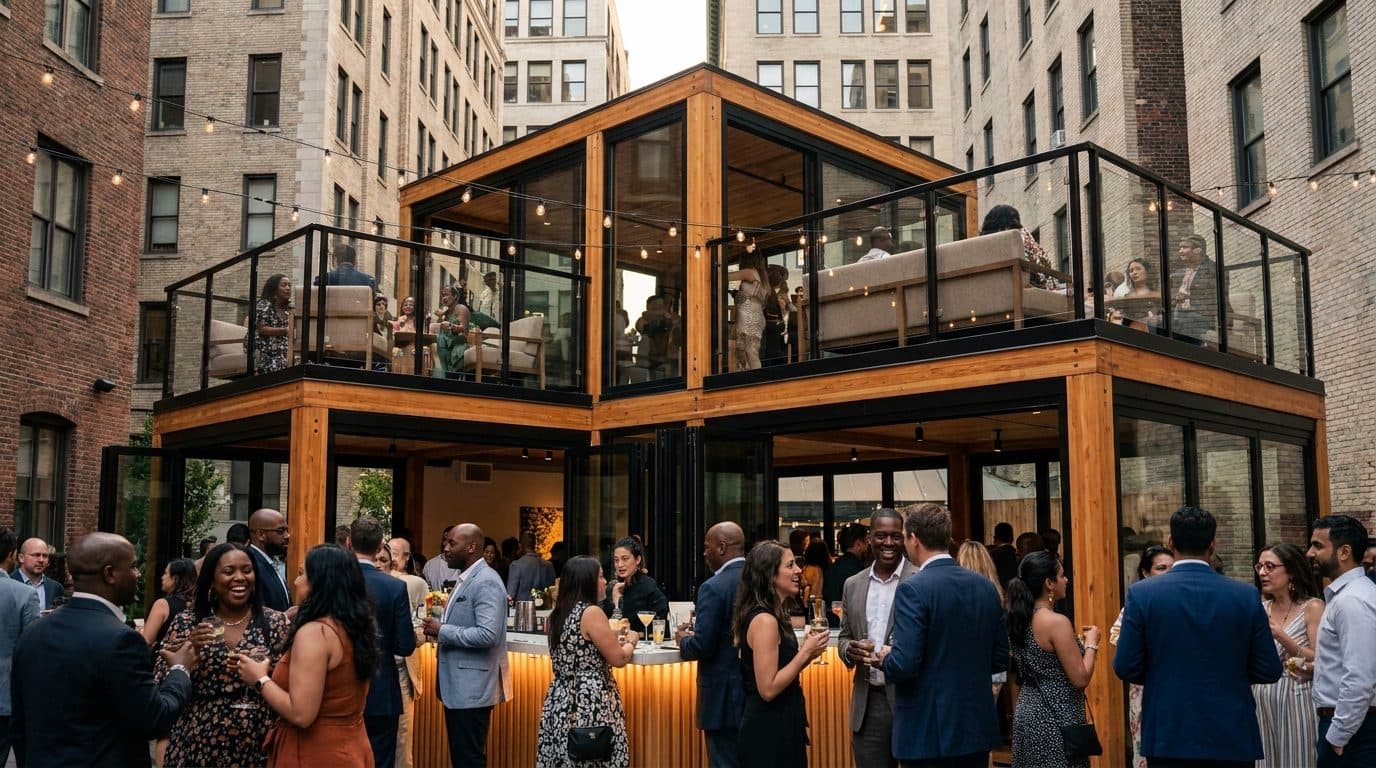 A two-level timber and steel build with a bar and mezzanine in a city courtyard at dusk, string lights overhead and a packed crowd below.